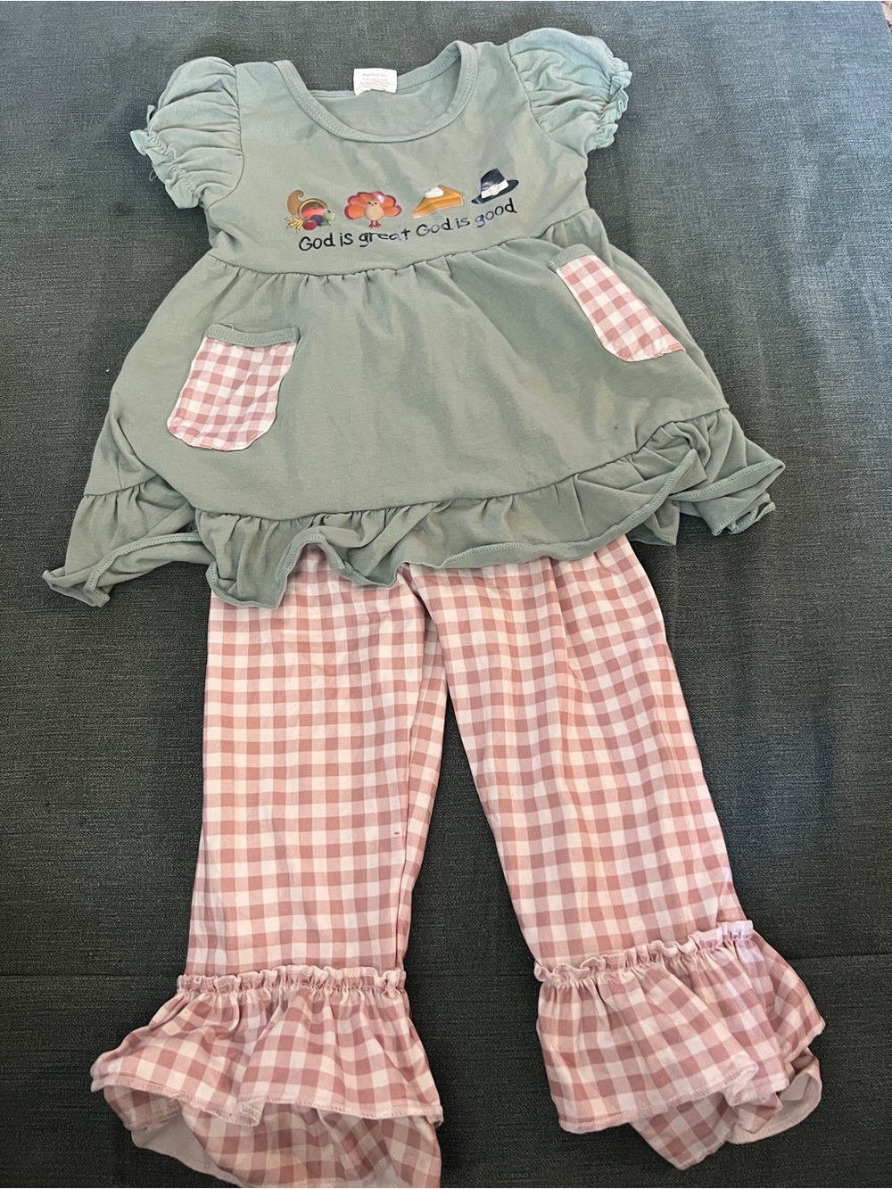 Kids Two-Piece Sage Green Top and Tan Gingham Set